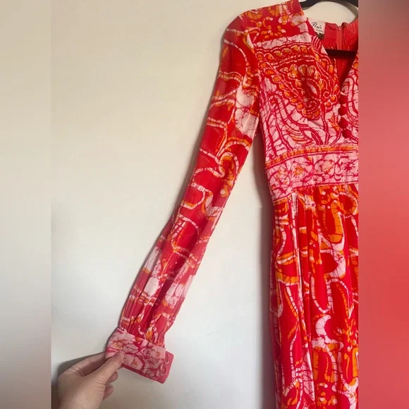 Vintage Antique Flair Batik Long Sleeve Paisley Cotton Dress